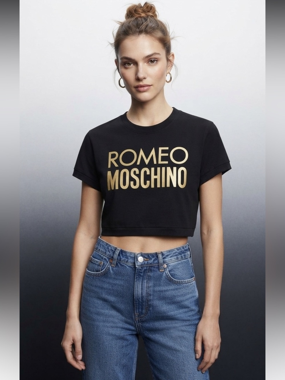 Moschino Black Cropped T-Shirt With Gold ROMEO MOSCHINO Logo Size Small